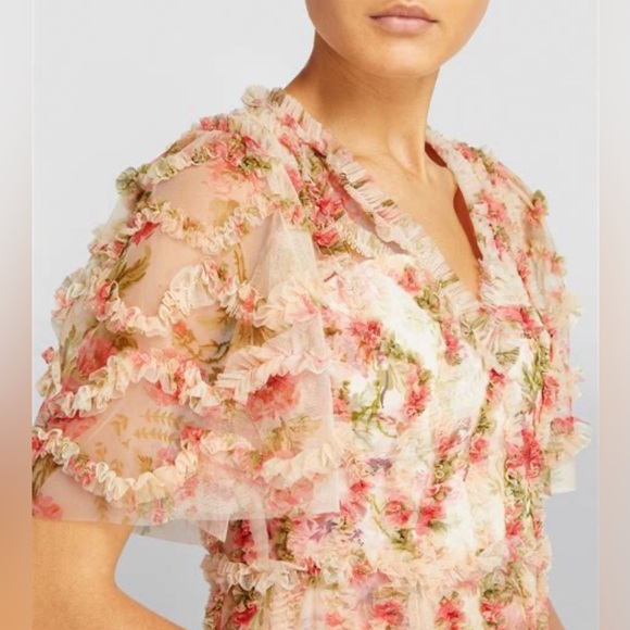 Needle and Thread Waltzing Blooms Mini Dress V Neck Ruffle Floral Dress Size 2 - Picture 4 of 9